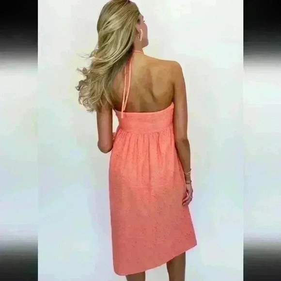 LE LIS | Women's Coral Eyelet Crochet Sleeveless Halter Midi Dress - Picture 2 of 9